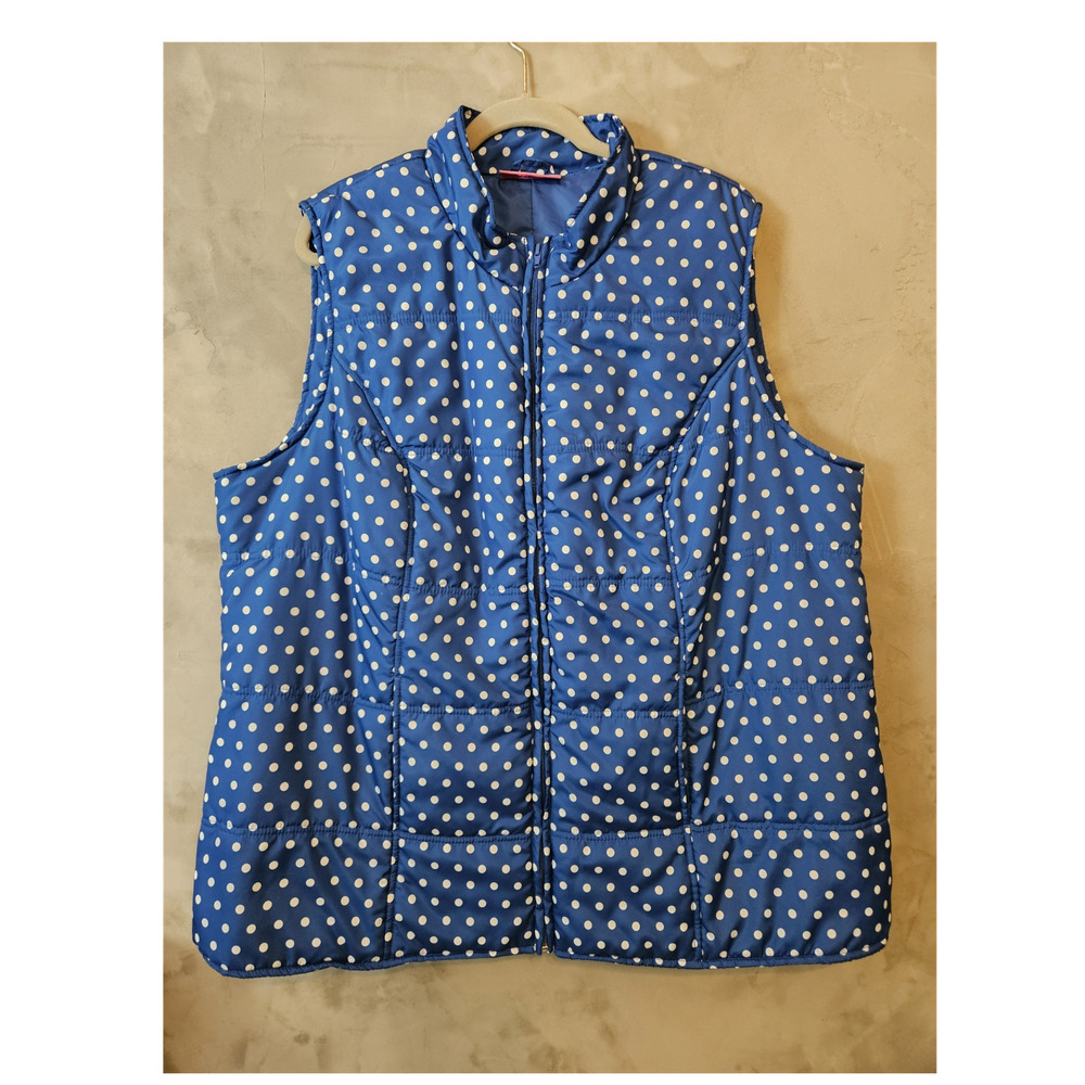 Woman Within Women’s 2X Blue/White Polka Dot Zip Puffer Vest Lined With Pockets